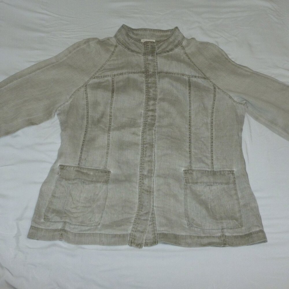 Eileen Fisher L Chambray 100% Linen Dove Gray Button Front Tailored Jacket EUC